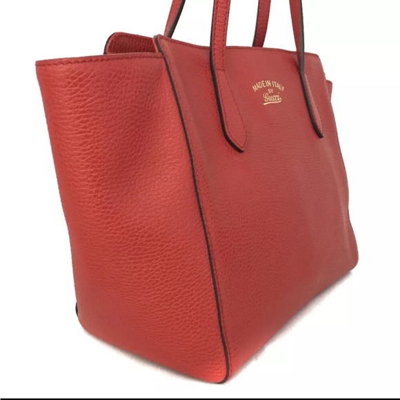 GUCCI Swing Logo Red Leather Shoulder Tote Bag - Picture 2 of 9